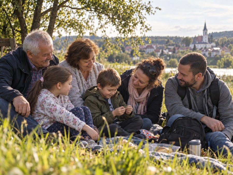 Dziadkowie, rodzice i dwoje dzieci na wspólnym pikniku na łące, w tle miasteczko z kościołem